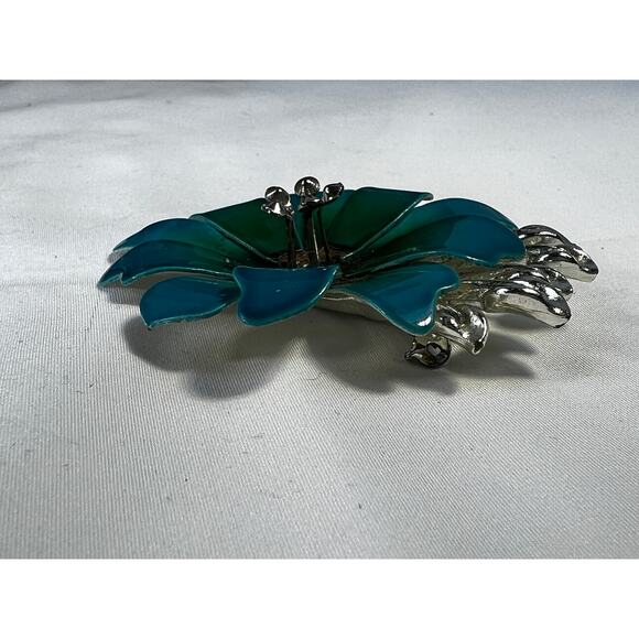 Vintage Coro Flower Brooch Teal Blue Enamel Rhinestone Leaves MCM Ornate RARE - Picture 13 of 16
